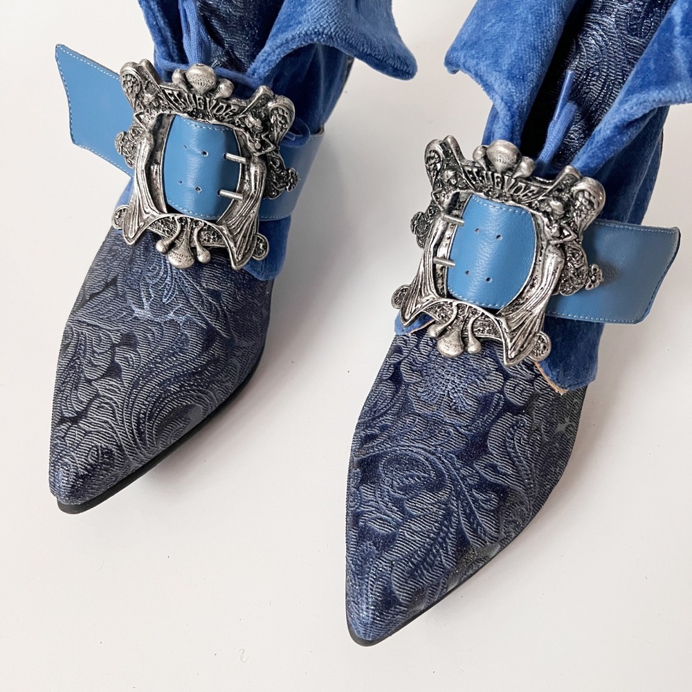 John Fluevog Baroque Blue Velvet Embossed Leather Buckle Ankle Boots Womens 7.5 - Picture 4 of 10